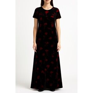 First Issue Velvet Maxi Dress Women's Large Black Red Floral Dark Romantic‎ Goth